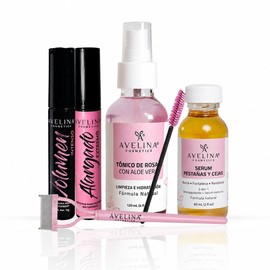 AVELINA COSMETICS - Avelash Kit, Serum alargador de pestañas y cejas 60ml, Tónico de rosas con aloe vera de 120ml, Máscara Volumen Intenso 13g, Máscara Alargado Extremo 13g, Separador de pestañas.