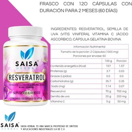 Resveratrol  Semilla de uva y Vitamina C 120 cápsulas  Antioxidante 1000 mg porción  Saisa Herbal 100 Puro                                            