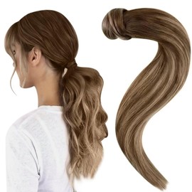 Easyouth Braid Extension, Real Hair Ponytail Extensions, Ombre Medium Brown Mix Honey Blonde and Medium Brown, Balayage Clip-In Braid Extensions, Real Hair, 35 cm, 70 g, #4/27/4