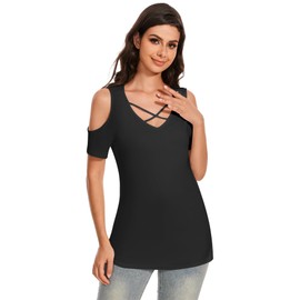 Womens Criss Cross V Neck Shirts Cold Shoulder Tops Solid Color Summer Blouse Black