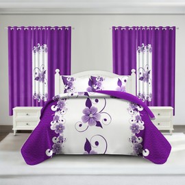 King Size Bedspread Set 9 Pieces, Purple Gardenia Flower