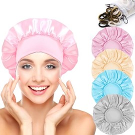 4 Piezas Gorro de Seda y Satén para Cabello Rizado, Ajustable con Banda Elástica Ancha, Doble Capa, Gorro de Dormir de Noche para Dormir, Ducha, Belle