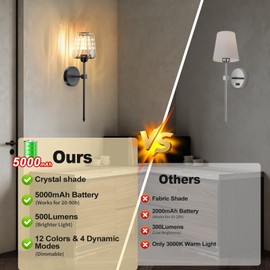 Battery Operated Crystal Wall Sconces Set of 2, Black Wireless Wall Sconce with USB Rechargeable LED Light Bulbs 12 Colors Dimmable Crystal Wall Lamp with Remote for Bedroom Living Room Bulbs Included
