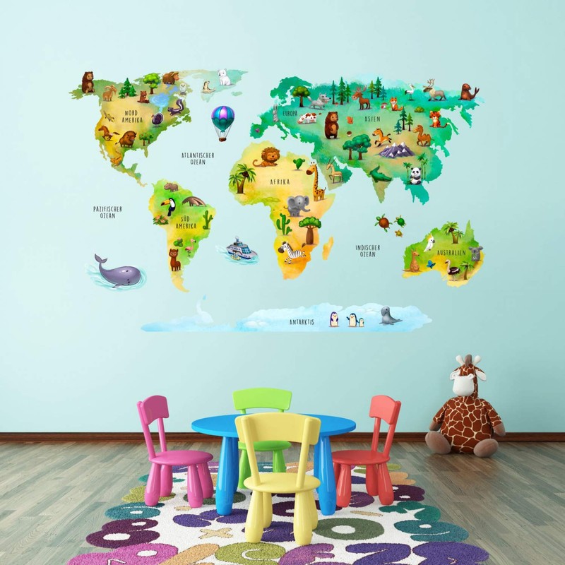 202 Wall Tattoo World Map with Animals Children's Room Wall