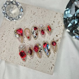 [Premium] Red point stone handmade nail tip - short nose pin / [프리미엄] 레드포인트 스톤 수제네일팁 - 숏코핀