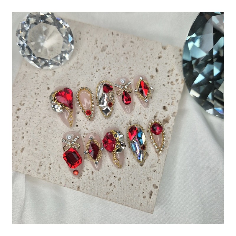 [Premium] Red point stone handmade nail tip - short nose