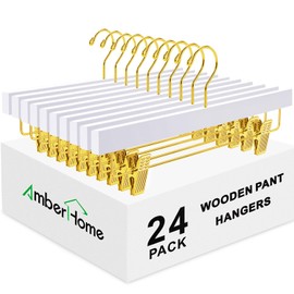 Amber Home 24 Pack White Wooden Pants Hangers with Gold Clips, Wood Skirt and Trouser Hangers for Jeans, Slacks, Shorts