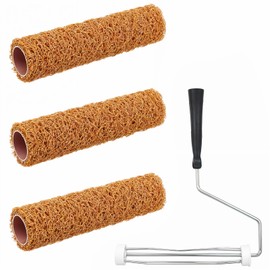 4 Pcs Textured Paint Roller Set, 9 inch Small Textured Roller Brown for Painting Walls Popcorn Ceiling, Home Improvement Paint Supplies, Tan（3 Rollers, a Handle）