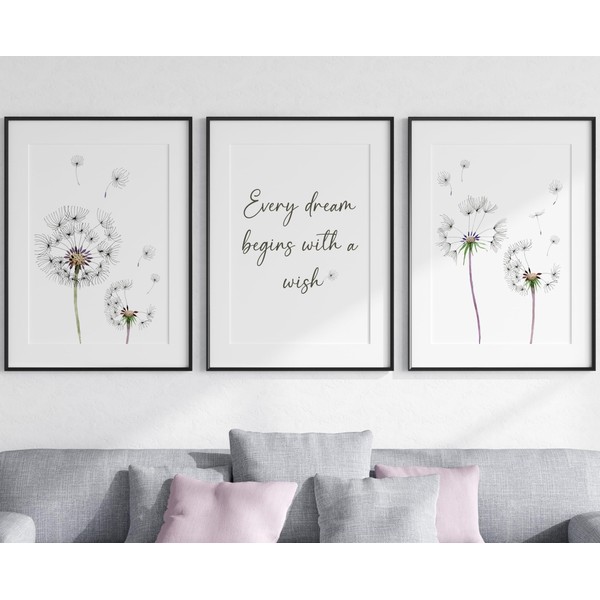 Dandelion Quote Wall Art Set of 3 Unframed Prints, Plant Decor, Living Room Bedroom Poster Home Decor, Every Dream Begins with a Wish (A3)