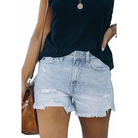 Ancapelion Women's Denim Shorts, Medium Waist Crimping Hot Pants, Ripped Denim Shorts for Summer, A-light blue