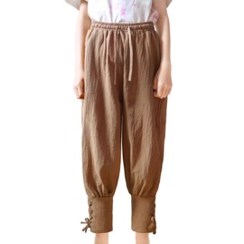 Prebene - Pantalones renacentistas medievales para niños, pantalones piratas con bandas al tobillo, pantalones de Halloween para cosplay a rayas, Marrón, X-Small