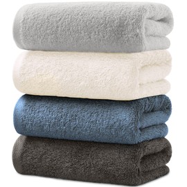 AYO Bath Towels, Set of 4, 4 Colors, Hotel Specifications, Fluffy, 100% Cotton, Highly Absorbent, Durable, Solid, Low Pilling Gift