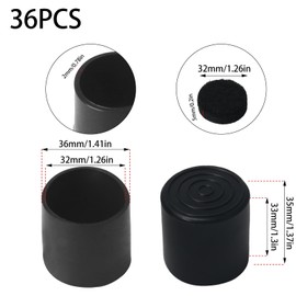 HO2NLE 36Pcs 32mm Rubber End Caps PVC Chair Leg Caps Chair Floor Protector with 20Pcs 32mm Black Felt Furniture Pads Round for Chair Desk Table Stool Legs