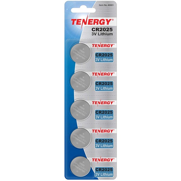 Tenergy 3V CR2025 Batteries, Lithium Button Coin Cell 2025 Battery, Ideal for Key FOBs, calculators, Coin counters, Watches, Heart Rate Monitors, Glucometer, and More - 5 Pack