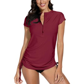 BesserBay Women's Surf Shirt Swimwear Rash Guard UV Shirts with Short Sleeves and 1/4 Zip Surf Shirt Swimming Tankini UPF 50+ Multicoloured XS - XXL, burgundy, m