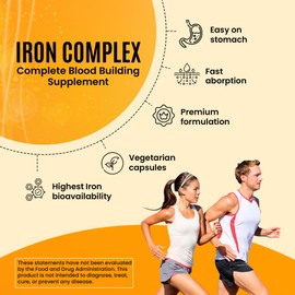 NutritiPure Iron Complex, Complete Blood Building Iron Vegetarian Capsules with Non-constipating Carbonyl Iron, Quatrefolic, B12, B6 & Vitamin C, for Women & Men (60 caps)