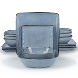 Famiware Ocean Square Plates and Bowls Sets for Kitchen, 16-Piece Dinnerware Sets for 4, Reactive Glaze, Blue