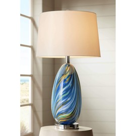 Pablo Modern Table Lamp Multi Color Blue Hand Blown Art Glass Tapered Drum Shade for Living Room Bedroom Bedside Nightstand Office Family - Possini Euro Design
