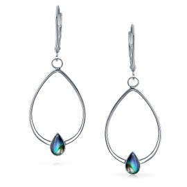 Geometric Thin Open Oval Abalone Rainbow Accent Lever back Hoop Dangle Earrings For Women Sterling Silver