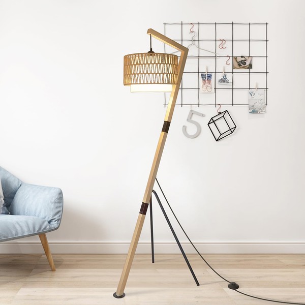 ShineMuse Wood Tripod Floor Lamp,Rattan and Fabric Lamp Shade Design,15W
