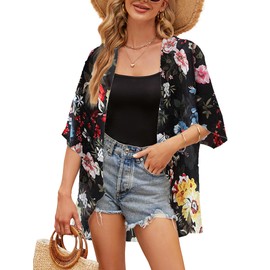 Chunoy Women Casual Short Sleeve Kimono Cover Up Chiffon Floral Summer Cardigan Open Front Blouse Tops Black Medium