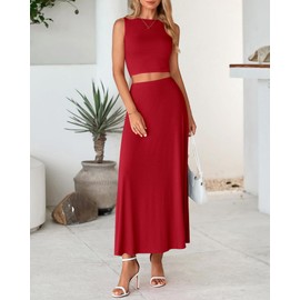 BTFBM Two Piece Skirt Set For Women 2025 Spring Summer Outfits Sleeveless Tank Top Elastic Waist Flowy Long Maxi Skirts(Red, X-Large)
