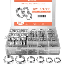 WYSIWYKA 90PCS Pex Crimp Rings Assortment, 1/2"(30PCS)+ 3/4"(30PCS)+1"(30PCS),3 Sizes Heavy Duty 304 Stainless Steel Pex Clamps, Single Ear Hose Clamps for Pex Tubing Pipe Fitting Connections