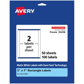 Avery Matte White Rectangle Labels with Sure Feed, 5" x 7", 100 Matte White Printable Labels