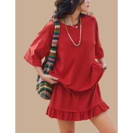 Esmeling Women Summer 2 Piece Skirt Sets Round Neck Short Sleeve Outfits Casual Tops and Pleated Skirts Sets(1069-Red-S)