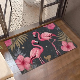 CXULIN Door Mat, Pink Flamingo Rugs for Front Door,Non-Slip Gold Palm Leaves Low Profile Indoor Outdoor Welcome Mat for Entry Patio, Porch, Hallways,Kitchen 30 x 17 Inch