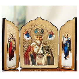 Needzo Saint Nicholas Russian Orthodox Christian Icon Triptych with Saint Michael and Gabriel 5 1/2 Inch