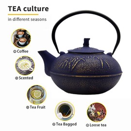 YJX 84.6oz/2500ml Big Cast Iron Tea Kettle for 5 to 8 Persons, Teapot with Stainless Steel Infuser, Cast Iron Teapot with Enamel Interior for Stovetop Safe (2500ml Purple Teapot with Bamboo Pattern)