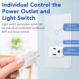 DUCHOW WiFi Smart Outlet and Switch Combo, Neutral Wire Required, Individual Control, Touch Panel, Tuya APP Smart Life, 15A /90-250V AC 60Hz, Compatible with Alexa and Google Home, Combo Style, White