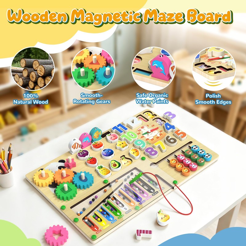 9-in-1 Montessori Busy Board Wooden Magnetic Maze Toy for 3+