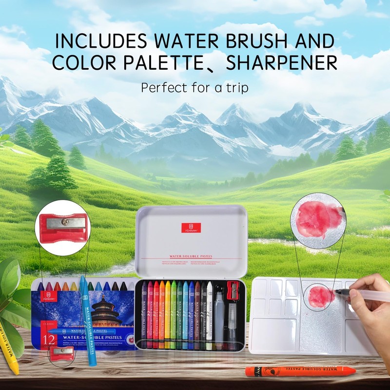 12 Colors Water Soluble Pastels, Watercolor Pastels Set for Beginners