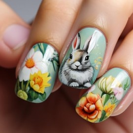 Easter Day Press on Nails Medium Length Fake Nails Full Cover Square Bunny False Nails with Colorful Flowers Design Acrylic Stick on Nails Cute Easter Rabbit Glue on Nails for Women Nail Decorations