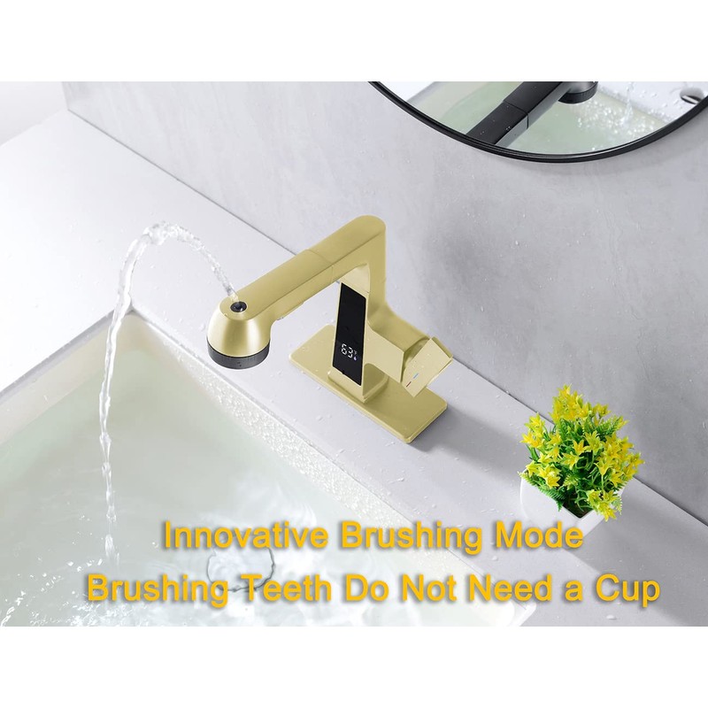 Qeemee LED Bathroom Faucet with Pull Out Sprayer, Grey Temperature