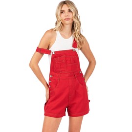 Lana Roux 90s Retro Revolt Dungaree Utility Denim Romper Short Overalls (Red, Large)