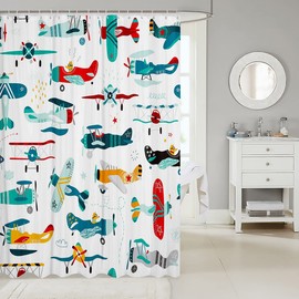Cute Airplane Shower Curtain Kids Boys Cartoon Plane Bathroom Curtain Colorful Aviation Aircraft Waterproof Curtain Graffiti Star Lines White Bath Curtain Teens Bathtub Decor,12 Hooks,72" Wx72 L