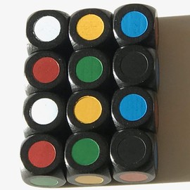16 mm Wooden Colour Dice / Colour Dice Made in Germany (12 Dice, Black + Colour Dots Base Colours (Red, Yellow, Blue, Green, Black, White)