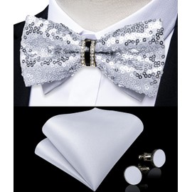 DiBanGu Sequin Bowtie for Men Solid Adjustable Pre-tied Bow Tie & Pocket Square Cufflinks Set for Party Wedding Shiny Bowtie, Grey