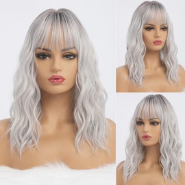 simkaylee Middle Length Silver Wigs for Women Ombre Grey Wavy Long Bob Wig with Bangs Synthetic Hair Water Wave Dark Roots 16 inch Wig Gray Colorful Wigs（Silver）