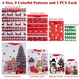 16 PCS Gift Bags for Christmas Wrapping, Holiday Bags with Festive Snowman, Reindeer, Snowflake and Christmas Stocking/Cane/Tree/Gin Design – Hot Stamping Foil Bulk Set,4 X-L,4 Large,4 Medium,4 Small