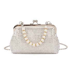 SUKUTU Women Luxury Full Rhinestone Shoulder Bag Noble Kiss Lock Crystal Messenger Bag Clutch Handbag with Pearl Beaded Chain