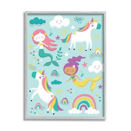 Stupell Industries Mermaid and Unicorn Rainbow Collage Kids' Fantasy Illustration, Designed by Andrea Jasid Grassi Gray Framed Wall Art, 24 x 30, Blue