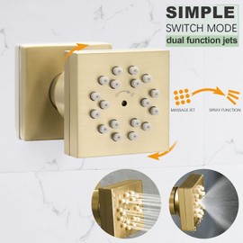 2 Functions Brass Shower Body Sprayer Jet in Wall, Rainfall Mist Shower Head Nozzles 2 in 1 Spa Massage Showerhead Spray Jet Can 360° Adjustable, 4pcs, Brushed Gold