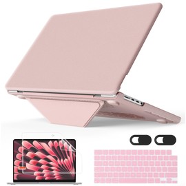 Mektron Leather Case for MacBook Pro 14 Inch M4/ M3/ M2/ M1, Fits A3112 A3401 A3185 (2024) / A2918 A2992 (2023) / A2779 / A2442 (2021) Protective Hard Shell with Fold Kickstand - Business Pink