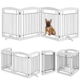 Yaheetech 32-inch Tall Dog Gate Extra Wide Pet Gate for Dogs Indoor Foldable Wire & Wooden Puppy Safety Fence w/2 Support Feet,Freestanding Dog Gate for The House, Doorway, Stairs(White,4 Panels)