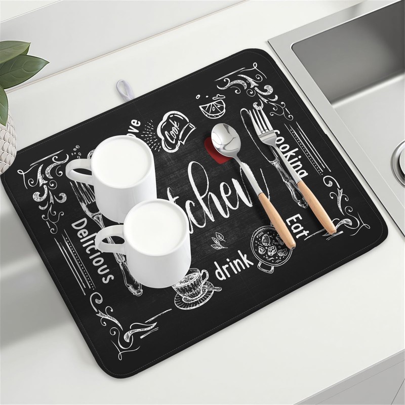Kawani Black Coffee Bar Dish Drying Mats for Kitchen Counter