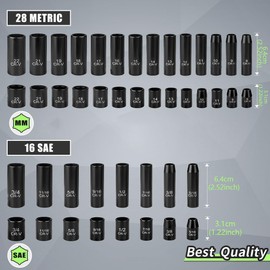 3/8inch Drive Impact Socket Set, 50-Piece Professional 6 Point Metric (8-22mm) & SAE (5/16-3/4Inch) Sockets, Cr-v, with Adapters Ratchet Handle & Dedicated Suitcase Packaging. Nice Gifts